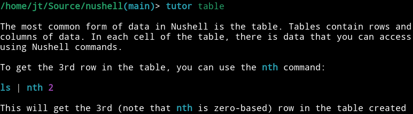 Screenshot showing the tutor command running 'tutor table'