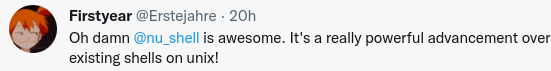 Oh damn @nu_shell is awesome. It's a really powerful advancement over existing shells on unix!